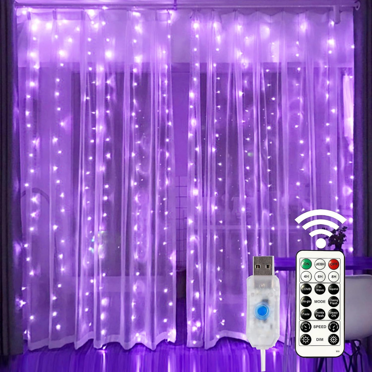 Window Curtain String Lights. 300 LED 8 Lighting Modes Fairy Copper Light with Remote
