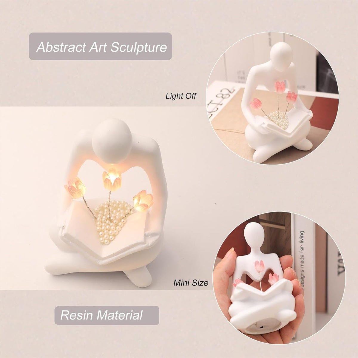 Reading Sculptures Tulip Lamp.Thinker Statue Figurine Battery Powered Night Light