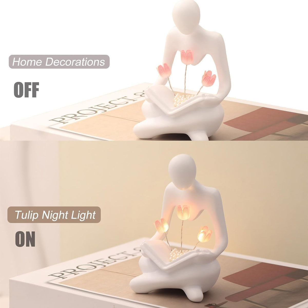 Reading Sculptures Tulip Lamp.Thinker Statue Figurine Battery Powered Night Light