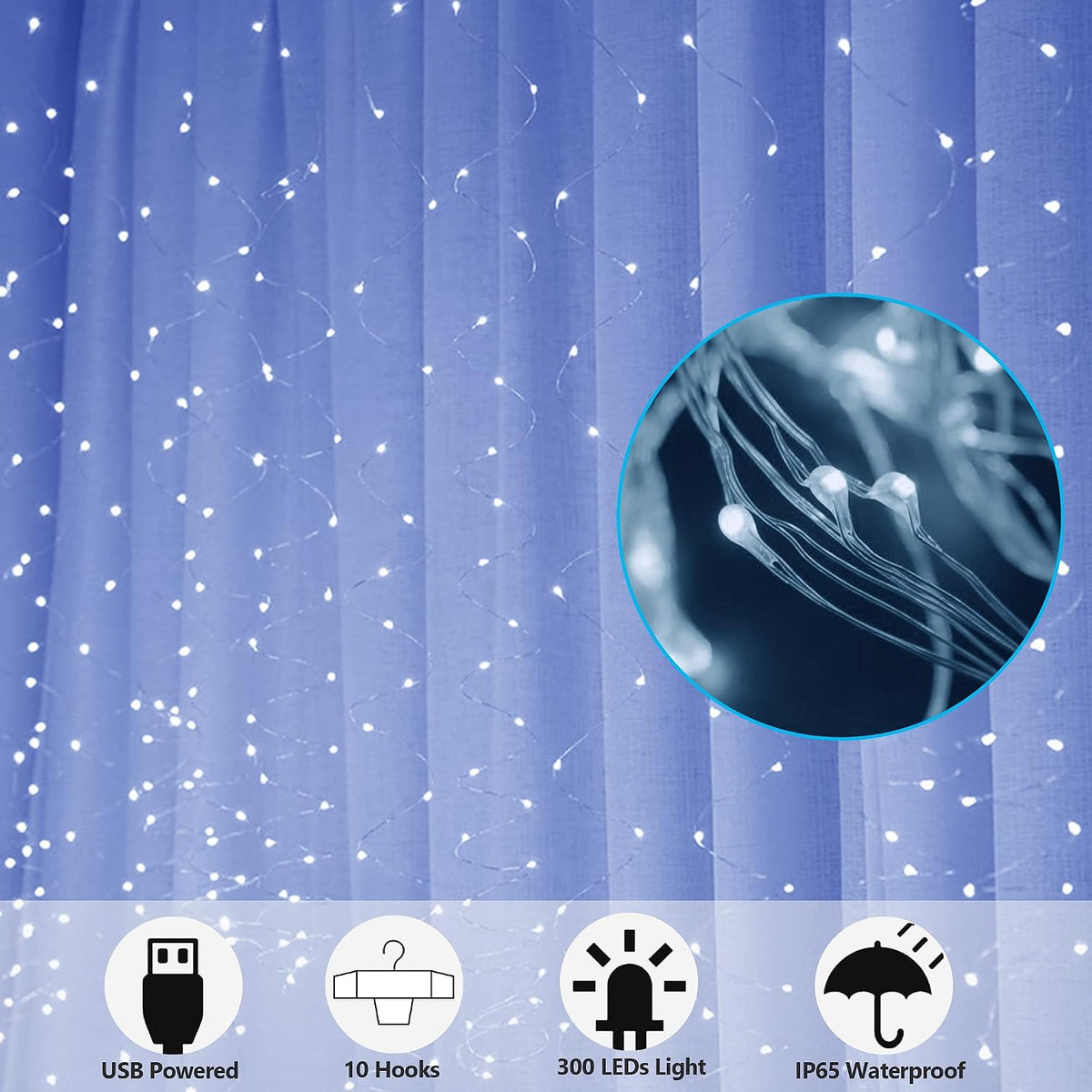 Window Curtain String Lights. 300 LED 8 Lighting Modes Fairy Copper Light with Remote