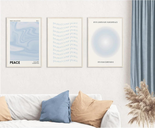 Blue Aura Wall Art Decor Retro Aesthetic Canvas Wall Art Pastel Abstract Pictures Prints Preppy Gradient