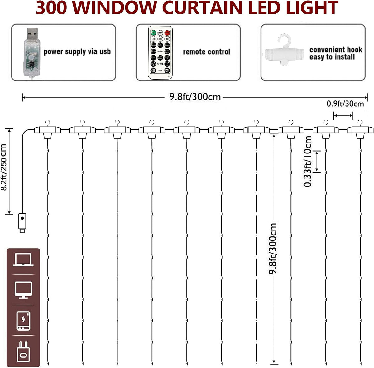 Window Curtain String Lights. 300 LED 8 Lighting Modes Fairy Copper Light with Remote