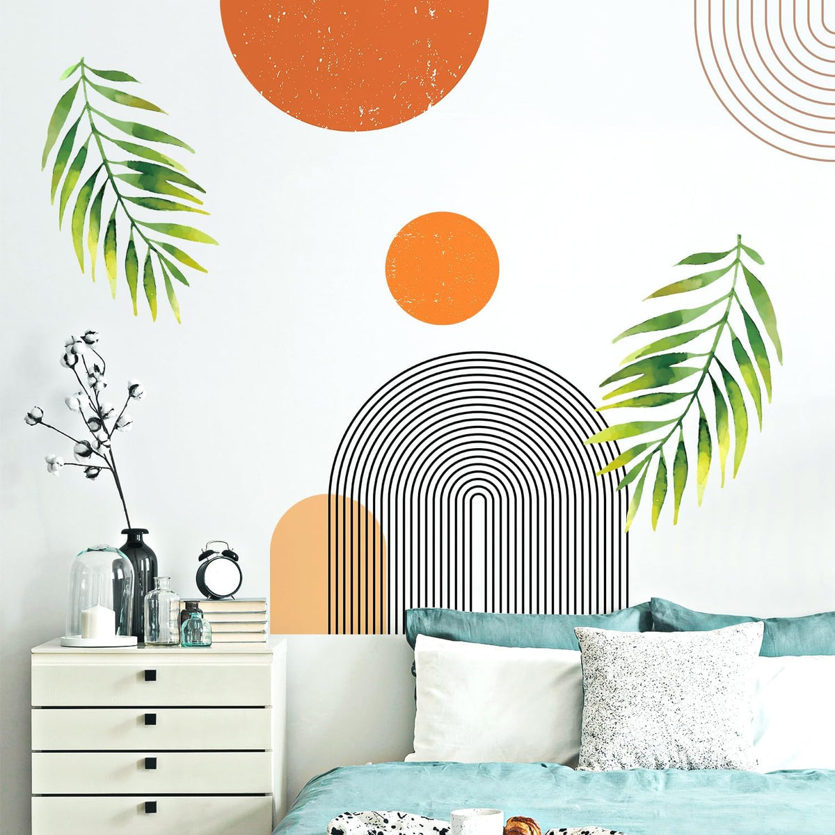 Boho Mid-Century Modern Wall Decals Peel and Stick. Large Archs Sun Vinyl Wall Sticker