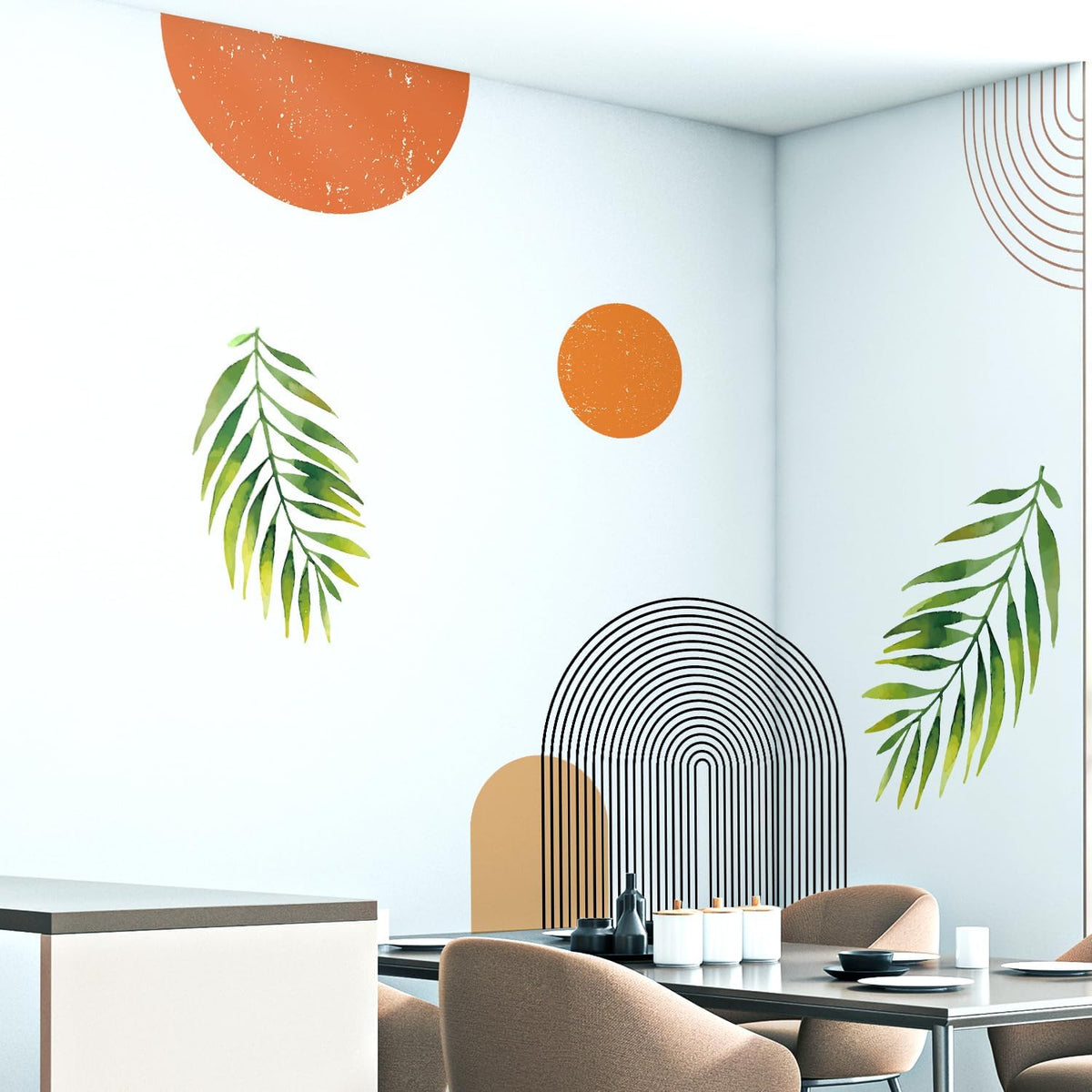 Boho Mid-Century Modern Wall Decals Peel and Stick. Large Archs Sun Vinyl Wall Sticker