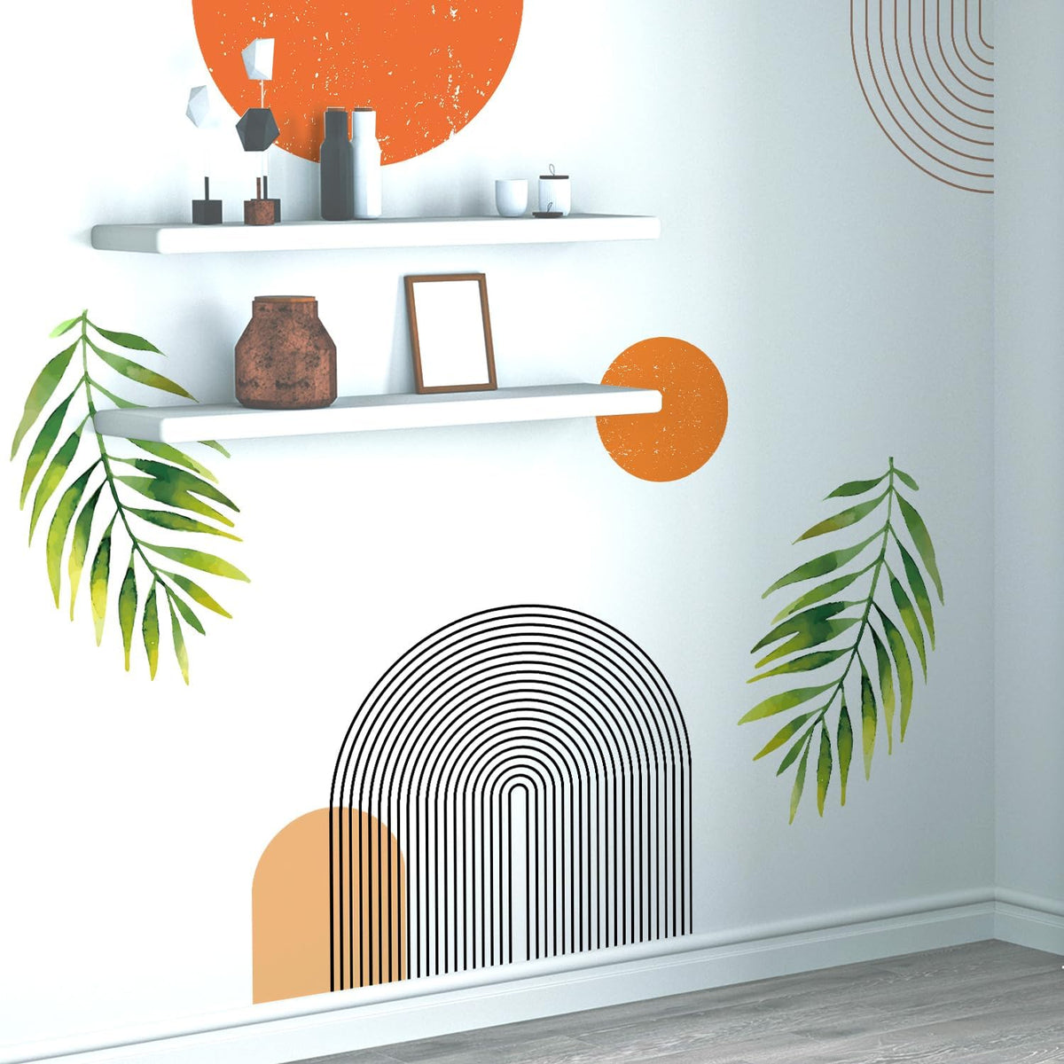 Boho Mid-Century Modern Wall Decals Peel and Stick. Large Archs Sun Vinyl Wall Sticker