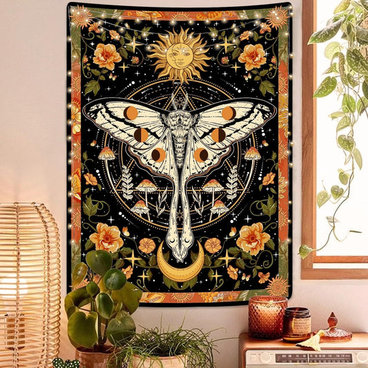Orange Moth Tapestry Boho Retro Floral Flowers Tapestries Aesthetic Vintage Mushroom Tapestries