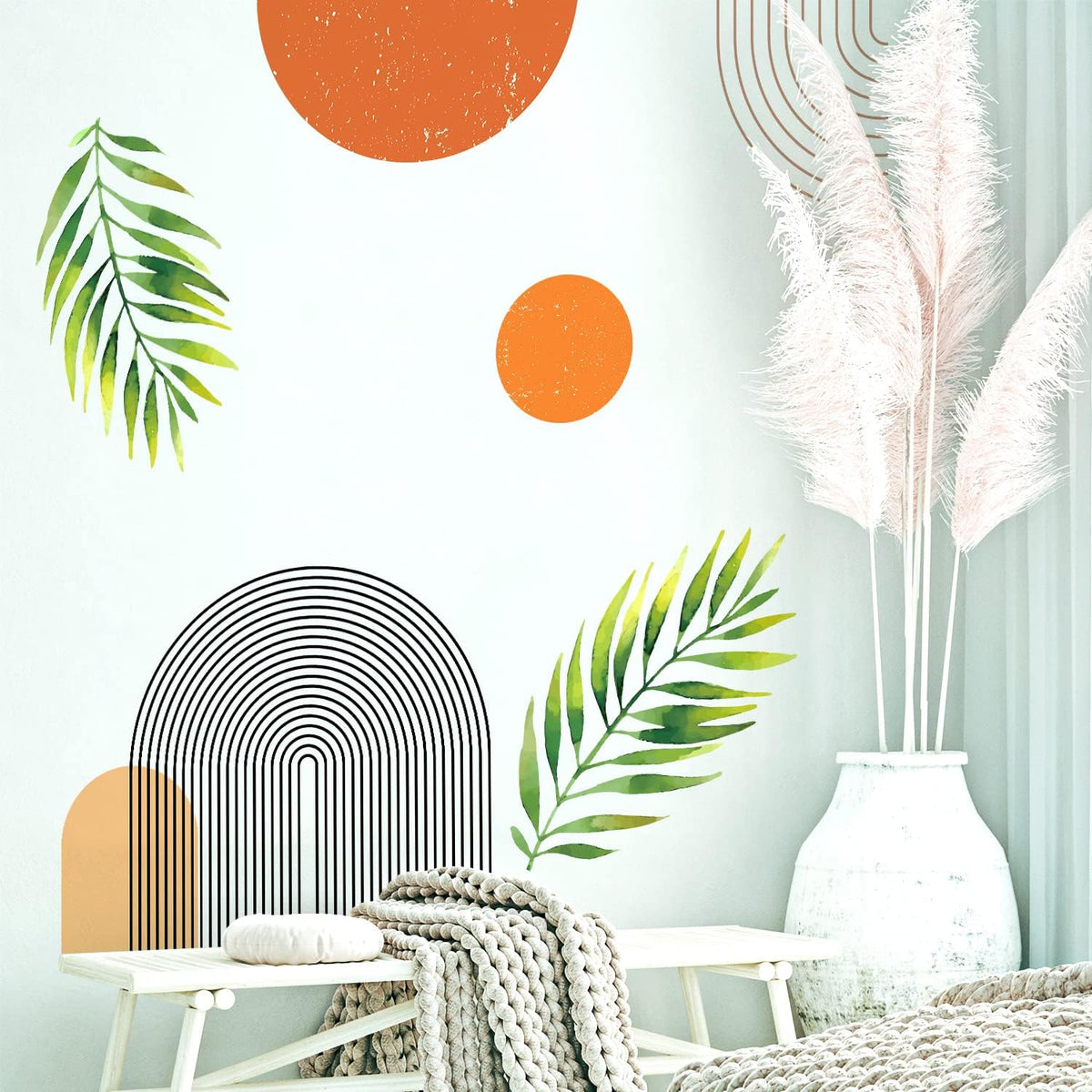 Boho Mid-Century Modern Wall Decals Peel and Stick. Large Archs Sun Vinyl Wall Sticker