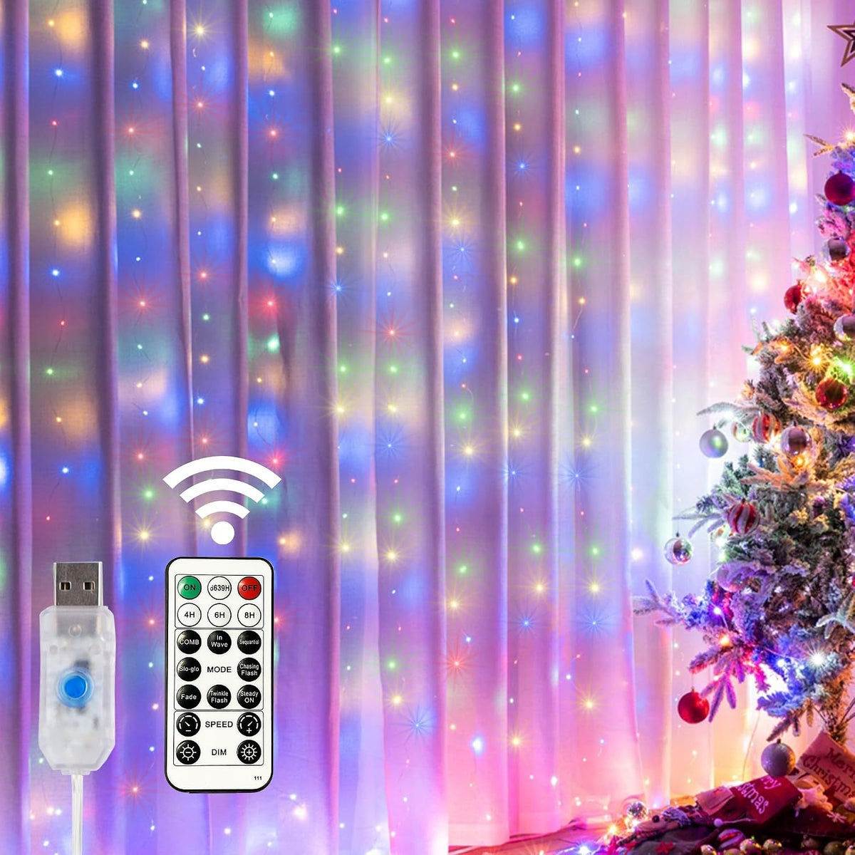 Window Curtain String Lights. 300 LED 8 Lighting Modes Fairy Copper Light with Remote