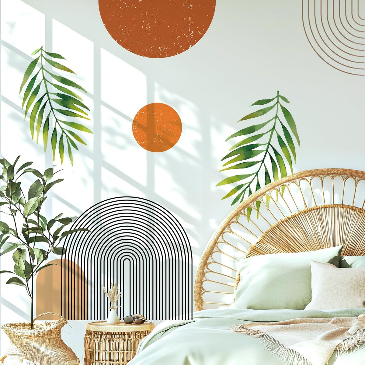 Boho Mid-Century Modern Wall Decals Peel and Stick. Large Archs Sun Vinyl Wall Sticker