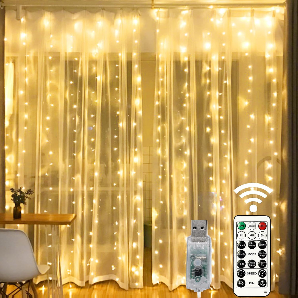 Window Curtain String Lights. 300 LED 8 Lighting Modes Fairy Copper Light with Remote